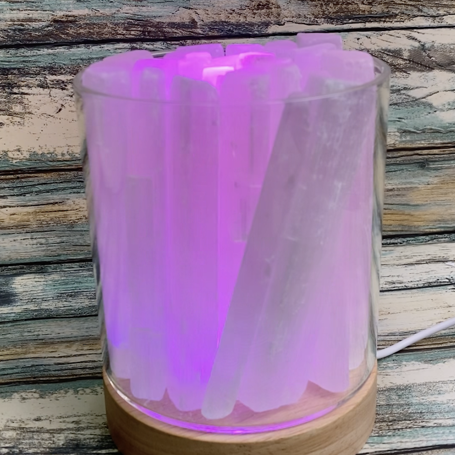 Lámpara de aromaterapia en frío Selenita (base led color con mando a distancia)