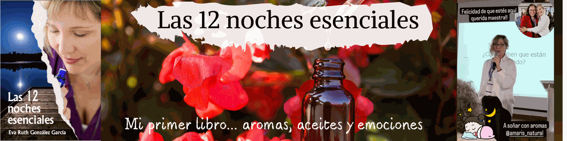 imagen de flores, libro y Eva Ruth González