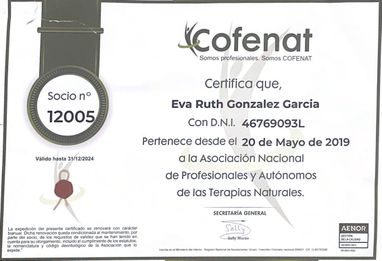 Imagen del Certificado de Cofenat, Federación Española de Terapias Naturales